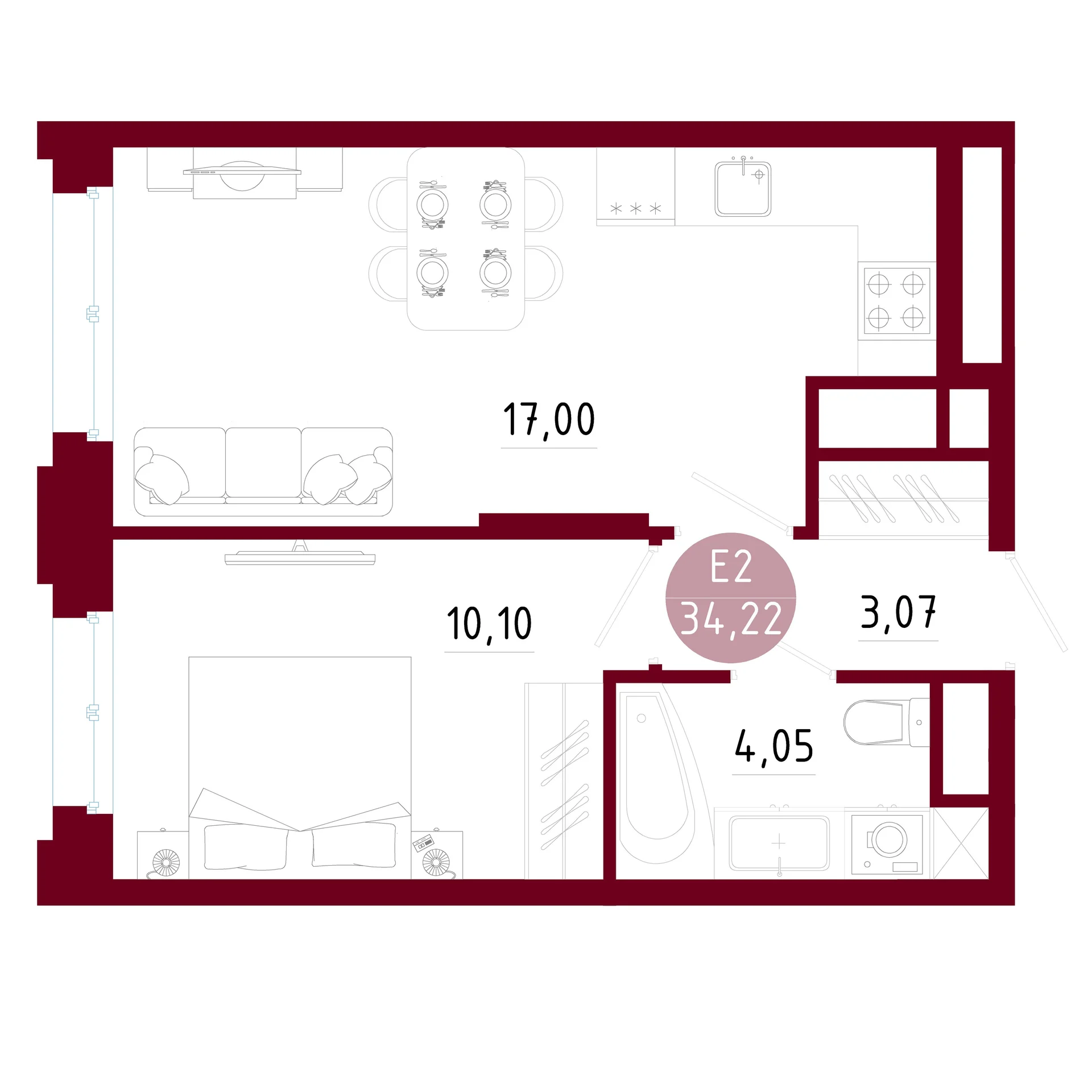 Планировка Квартира с одной спальней и гостиной 17 м² (Евро-2)