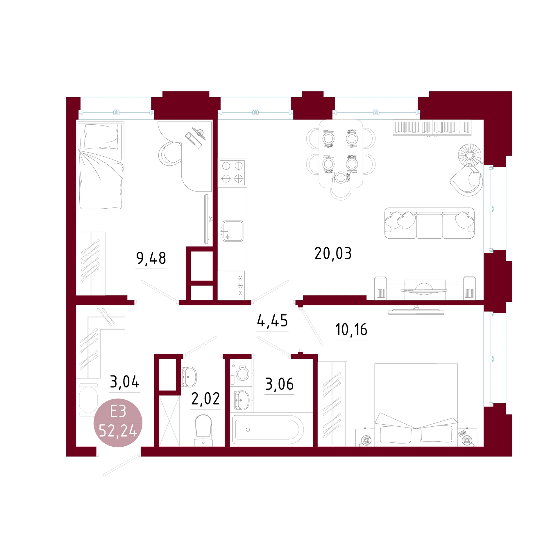 Планировка Квартира с двумя спальнями и гостиной 20 м² (Евро-3)