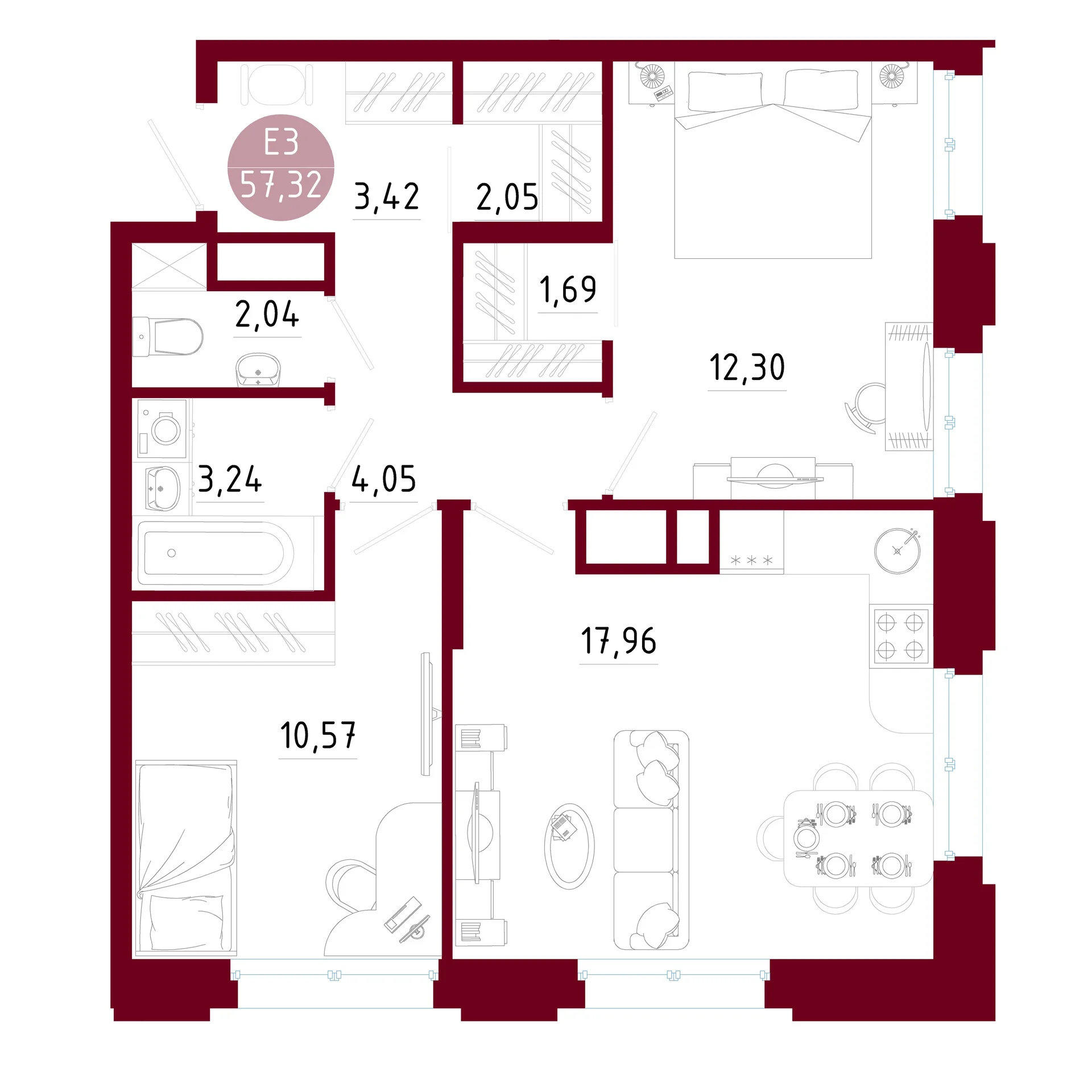 Планировка Квартира с двумя спальнями и гостиной 18 м² (Евро-3)