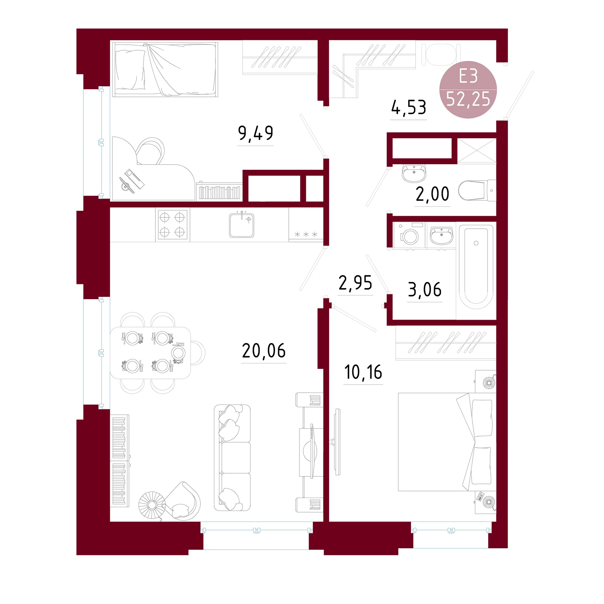 Планировка Квартира с двумя спальнями и гостиной 20 м² (Евро-3)