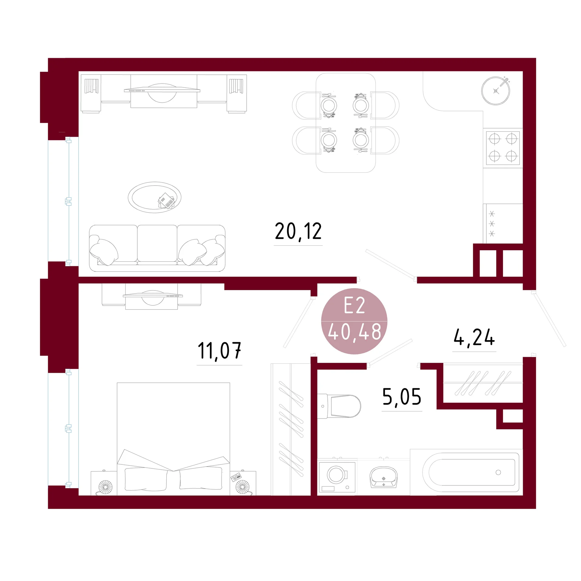 Планировка Квартира с одной спальней и гостиной 20 м² (Евро-2)