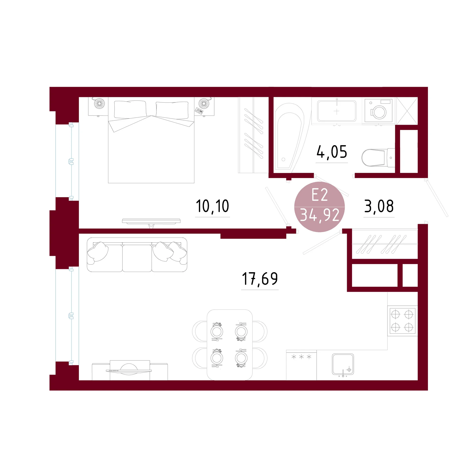 Планировка Квартира с одной спальней и гостиной 18 м² (Евро-2)