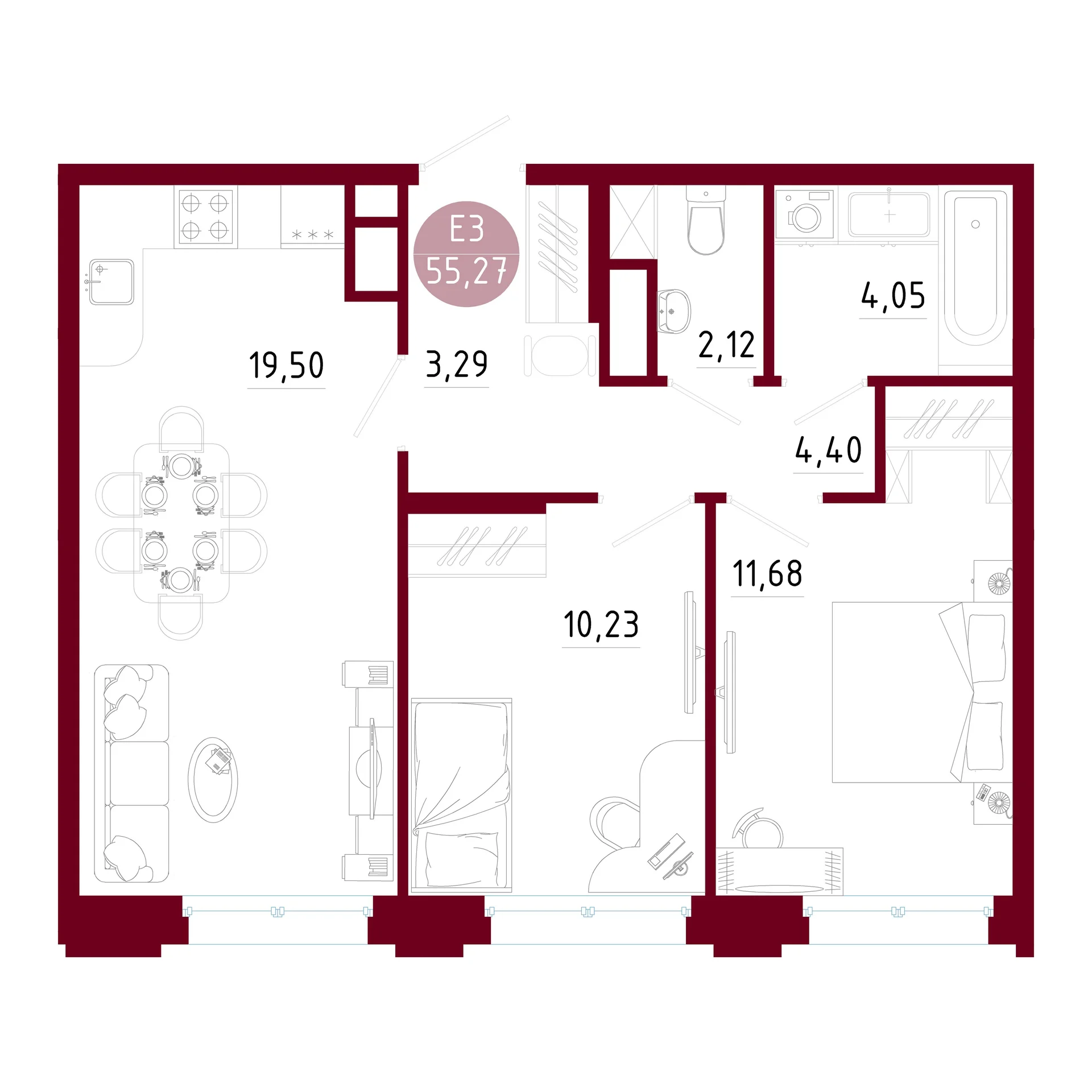 Планировка Квартира с двумя спальнями и гостиной 20 м² (Евро-3)