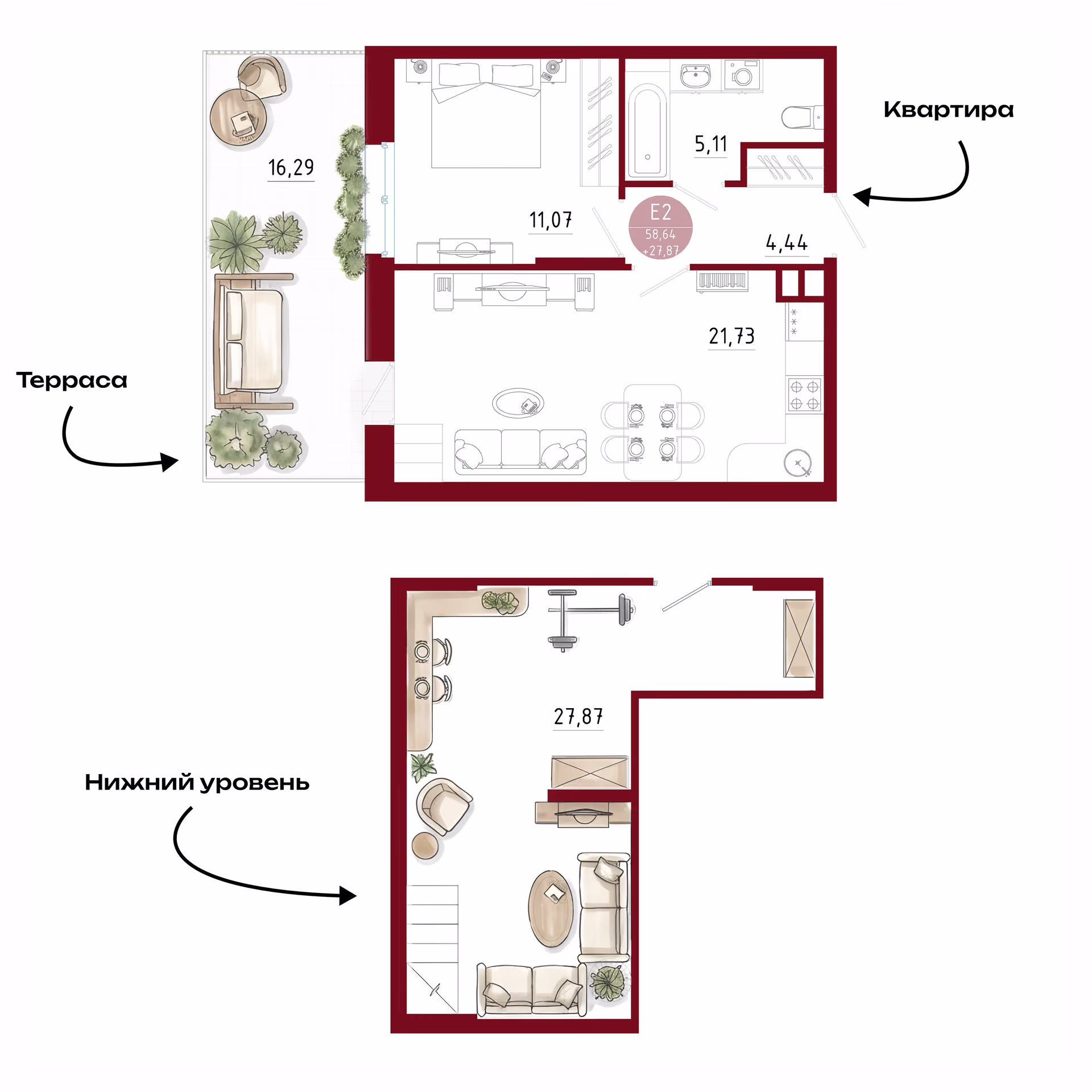 Планировка Квартира с одной спальней и гостиной 22 м² (Евро-2)