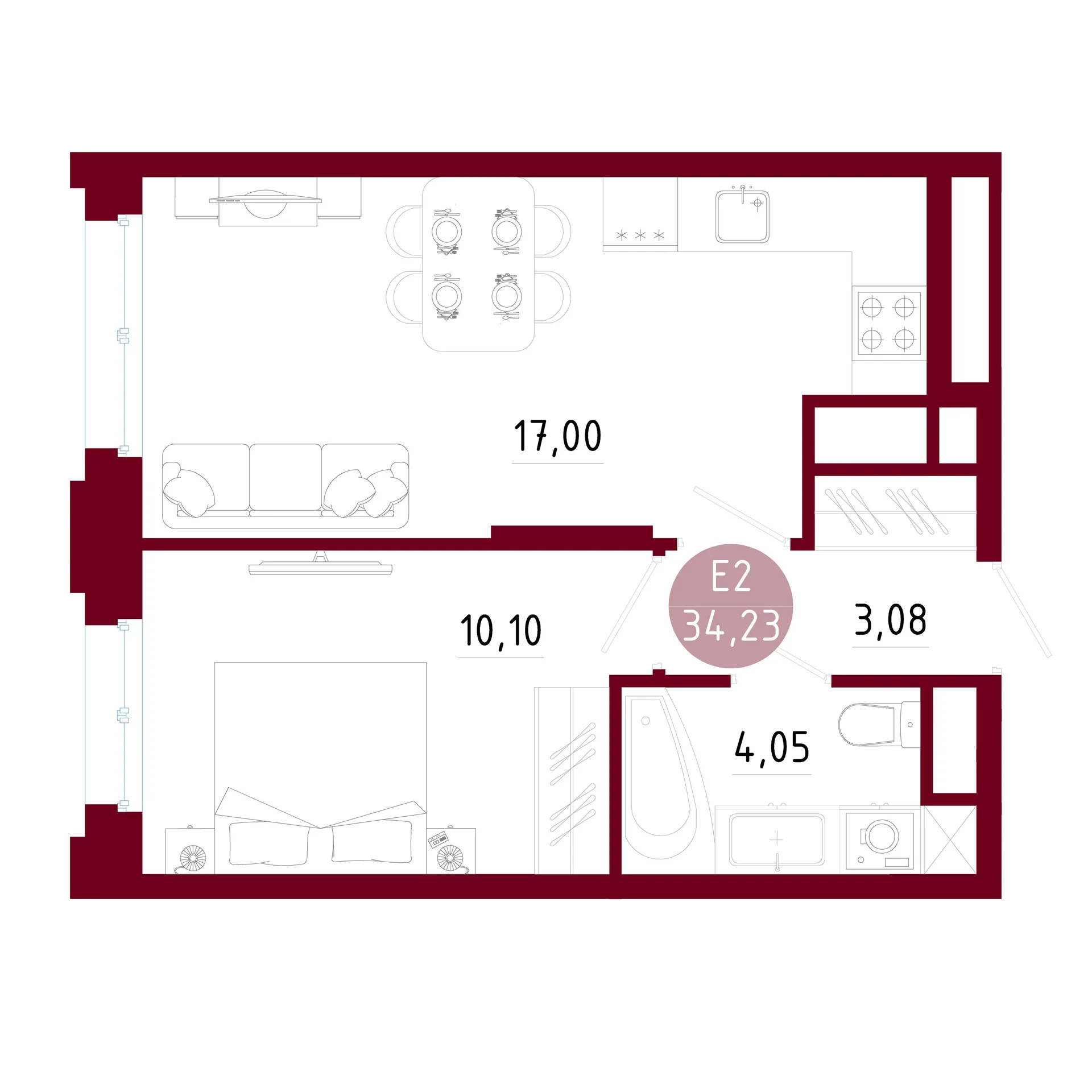 Планировка Квартира с одной спальней и гостиной 17 м² (Евро-2)