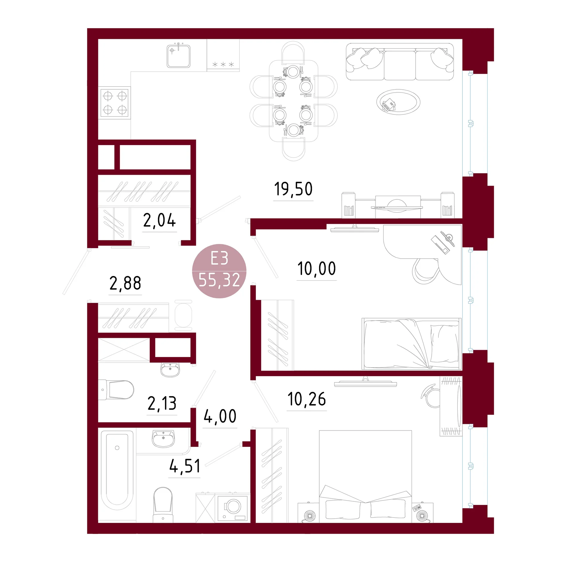 Планировка Квартира с двумя спальнями и гостиной 20 м² (Евро-3)
