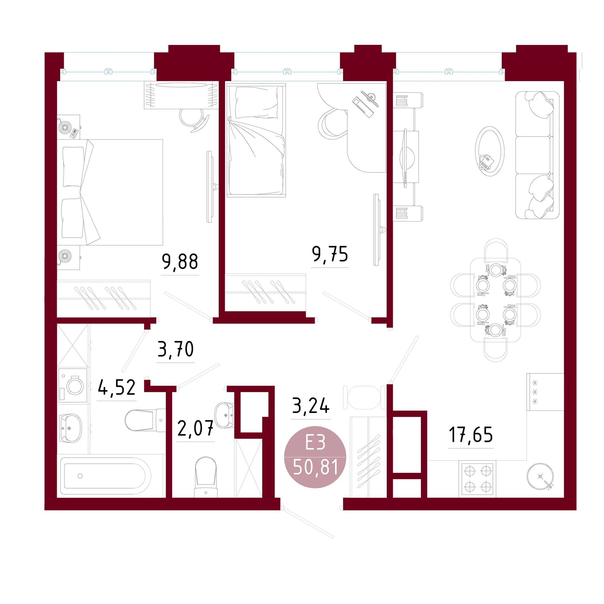 Планировка Квартира с двумя спальнями и гостиной 18 м² (Евро-3)