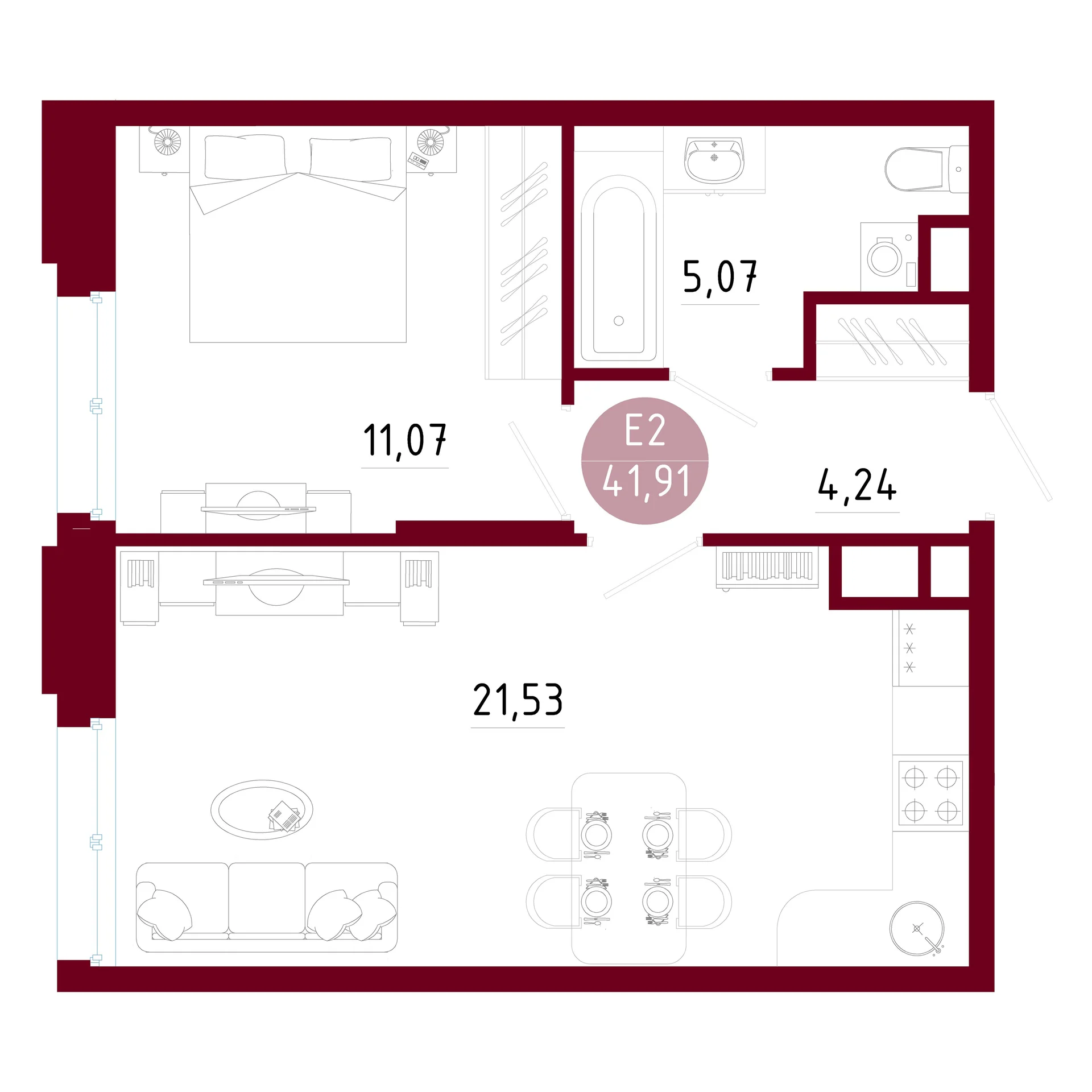 Планировка Квартира с одной спальней и гостиной 22 м² (Евро-2)