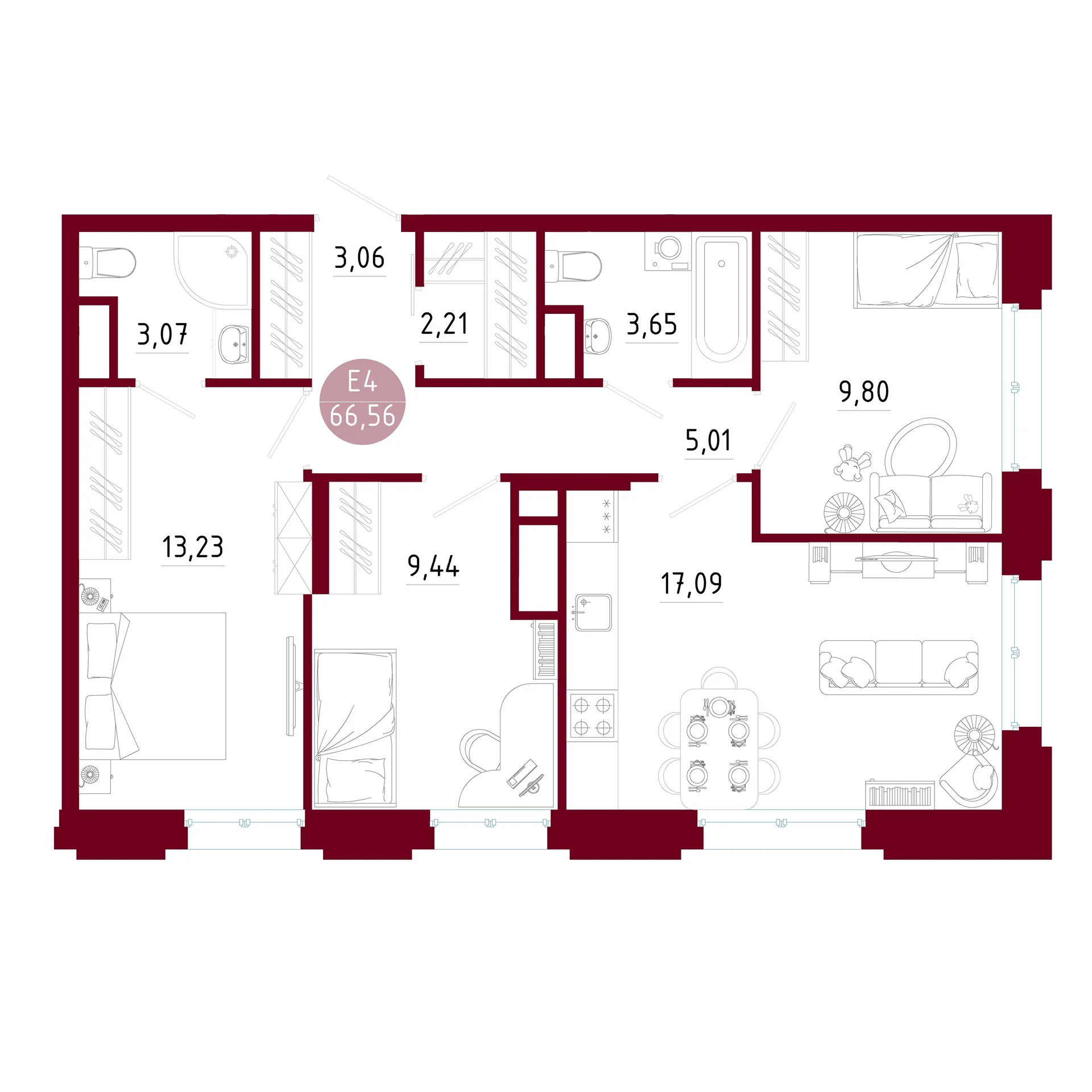 Планировка Квартира с тремя спальнями и гостиной 17 м² (Евро-4)