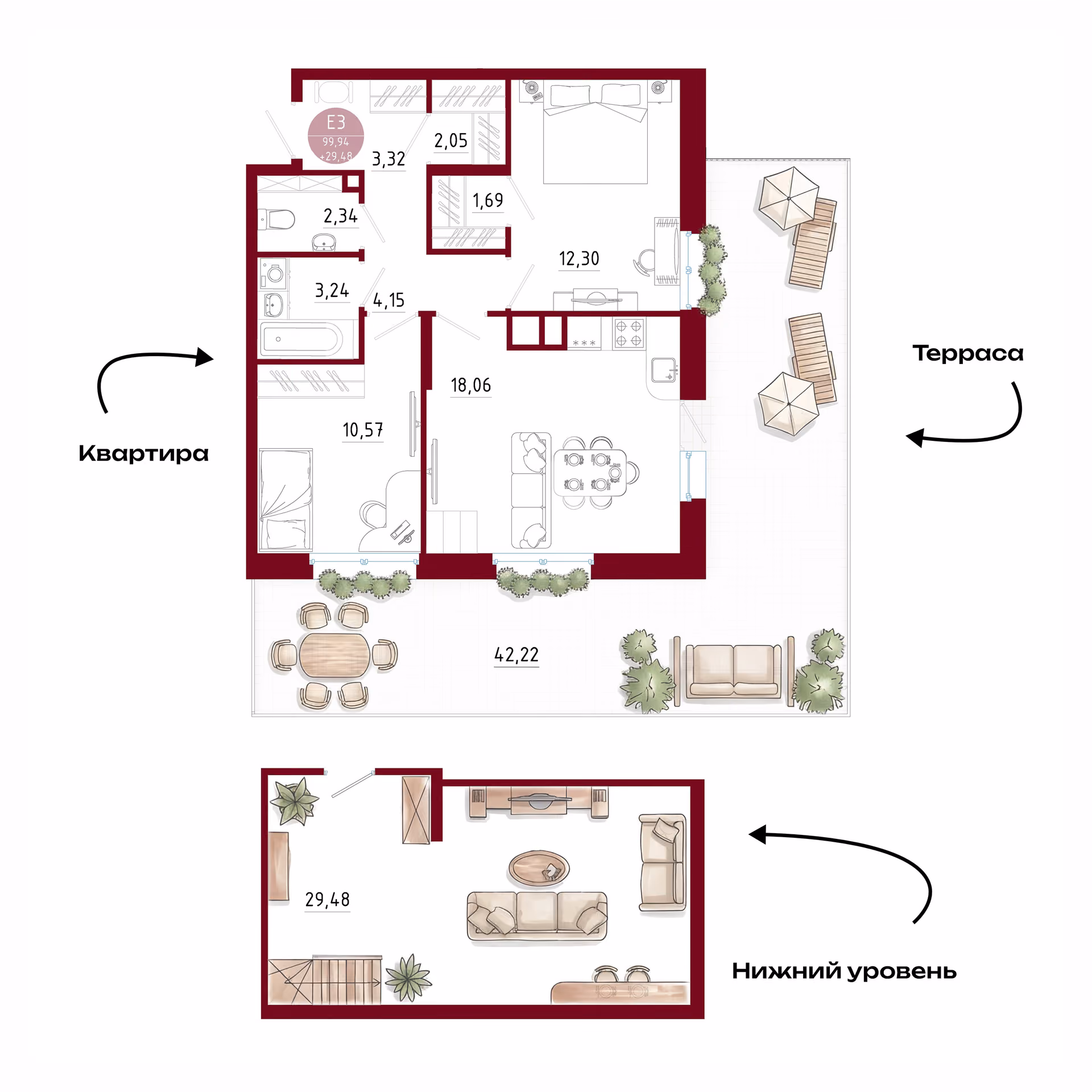 Планировка Квартира с двумя спальнями и гостиной 18 м² (Евро-3)
