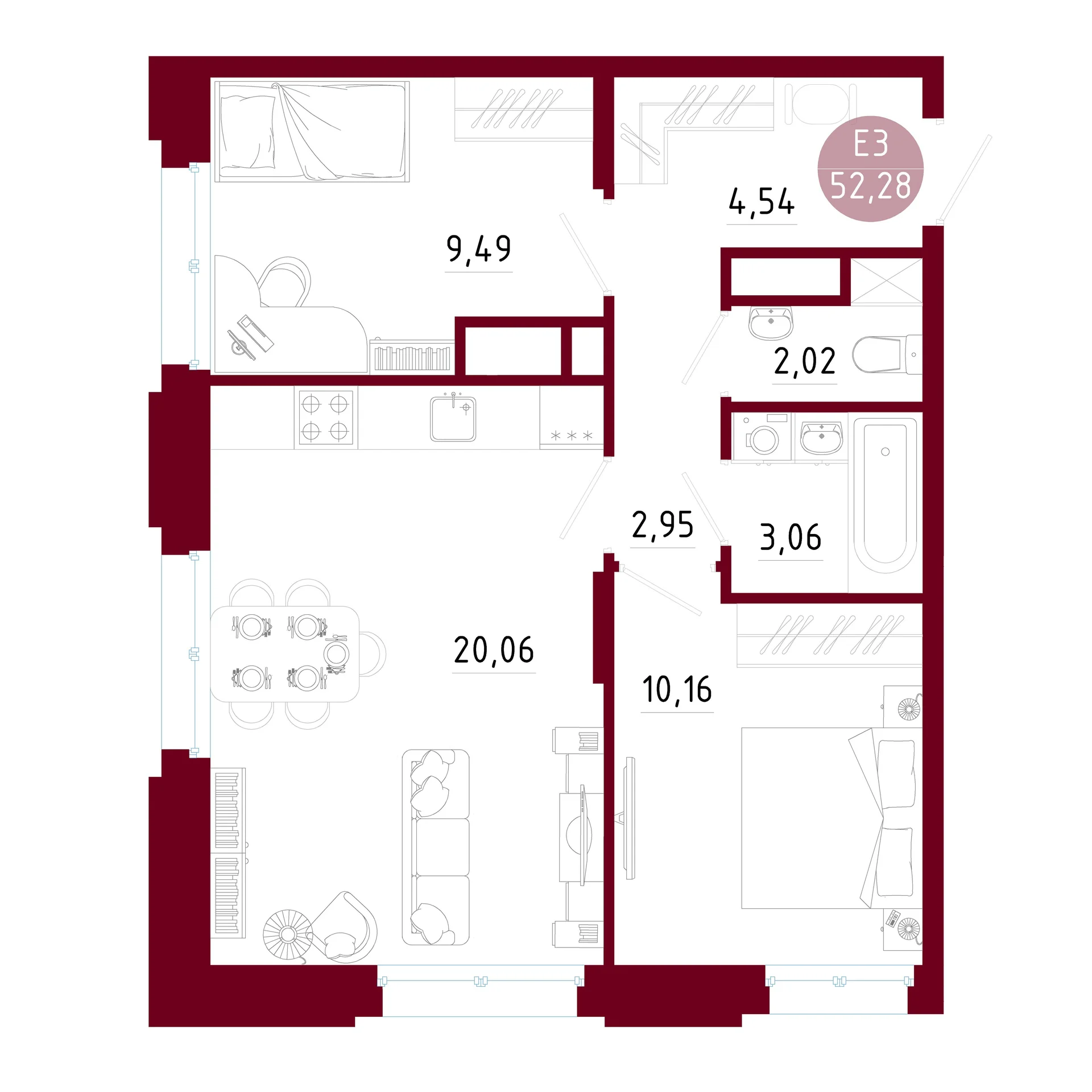 Планировка Квартира с двумя спальнями и гостиной 20 м² (Евро-3)