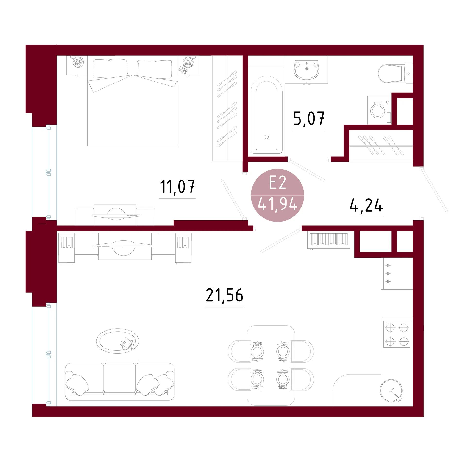 Планировка Квартира с одной спальней и гостиной 22 м² (Евро-2)