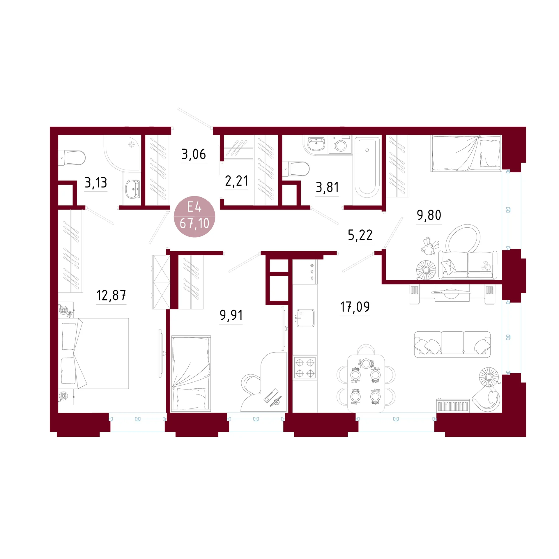 Планировка Квартира с тремя спальнями и гостиной 17 м² (Евро-4)