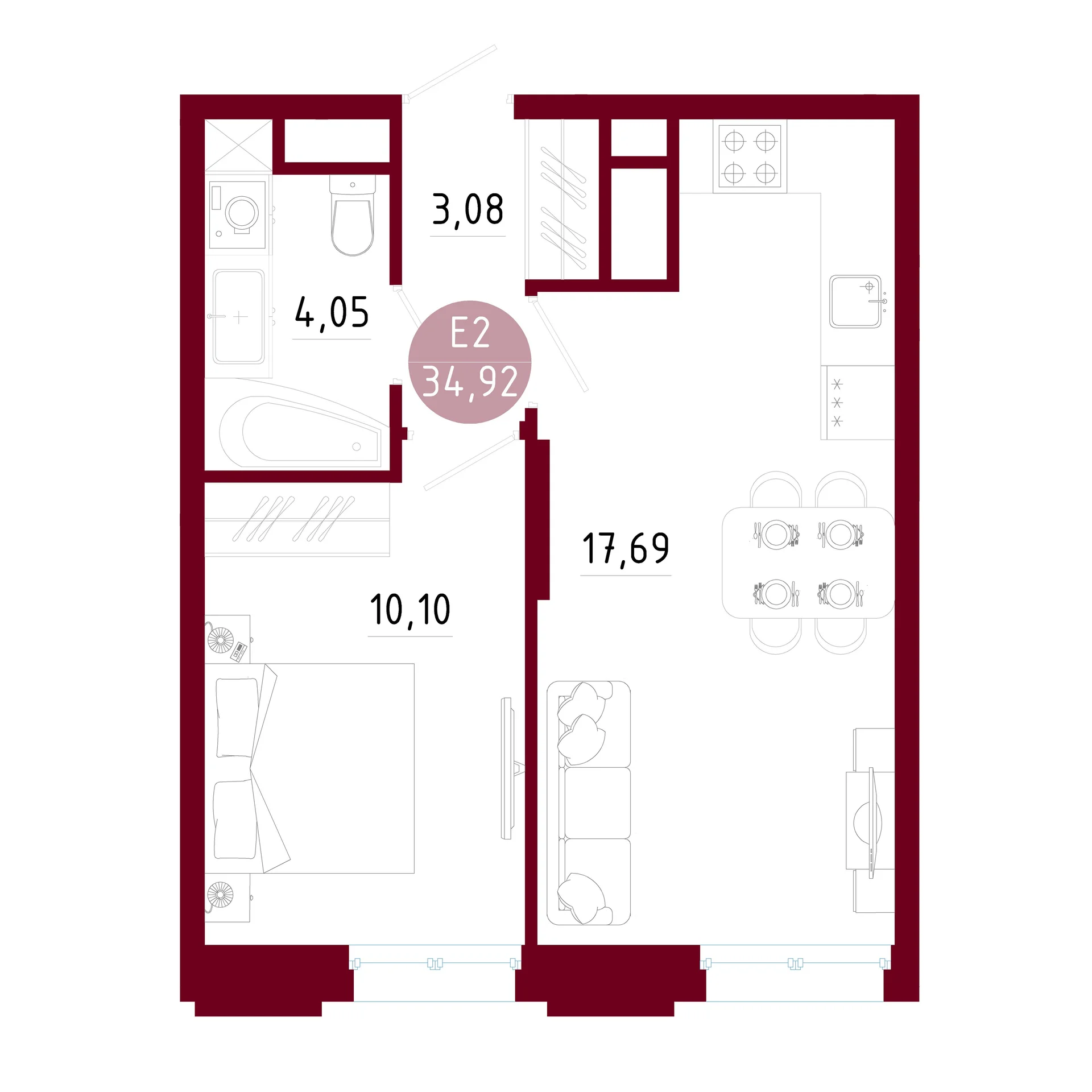 Планировка Квартира с одной спальней и гостиной 18 м² (Евро-2)
