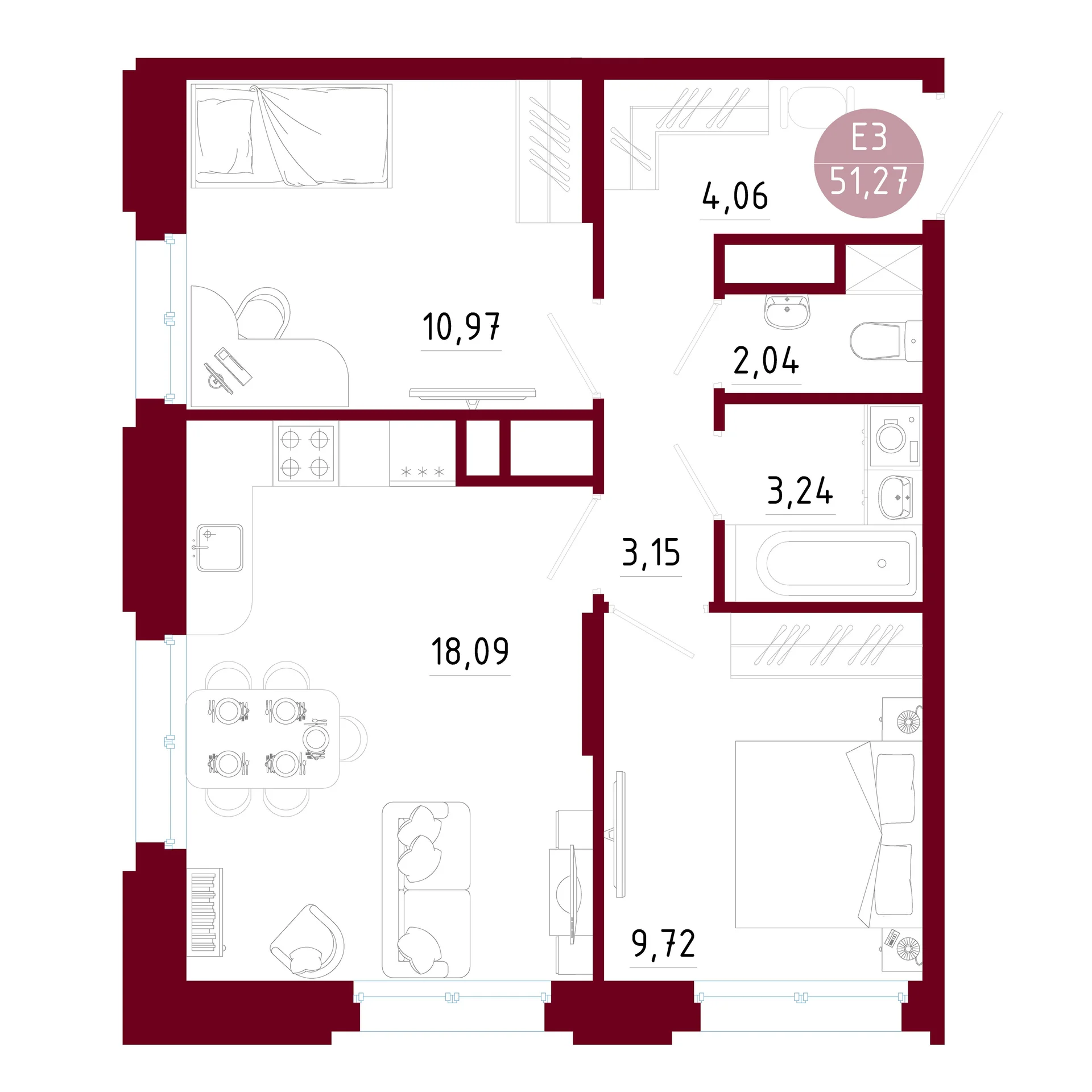 Планировка Квартира с двумя спальнями и гостиной 18 м² (Евро-3)