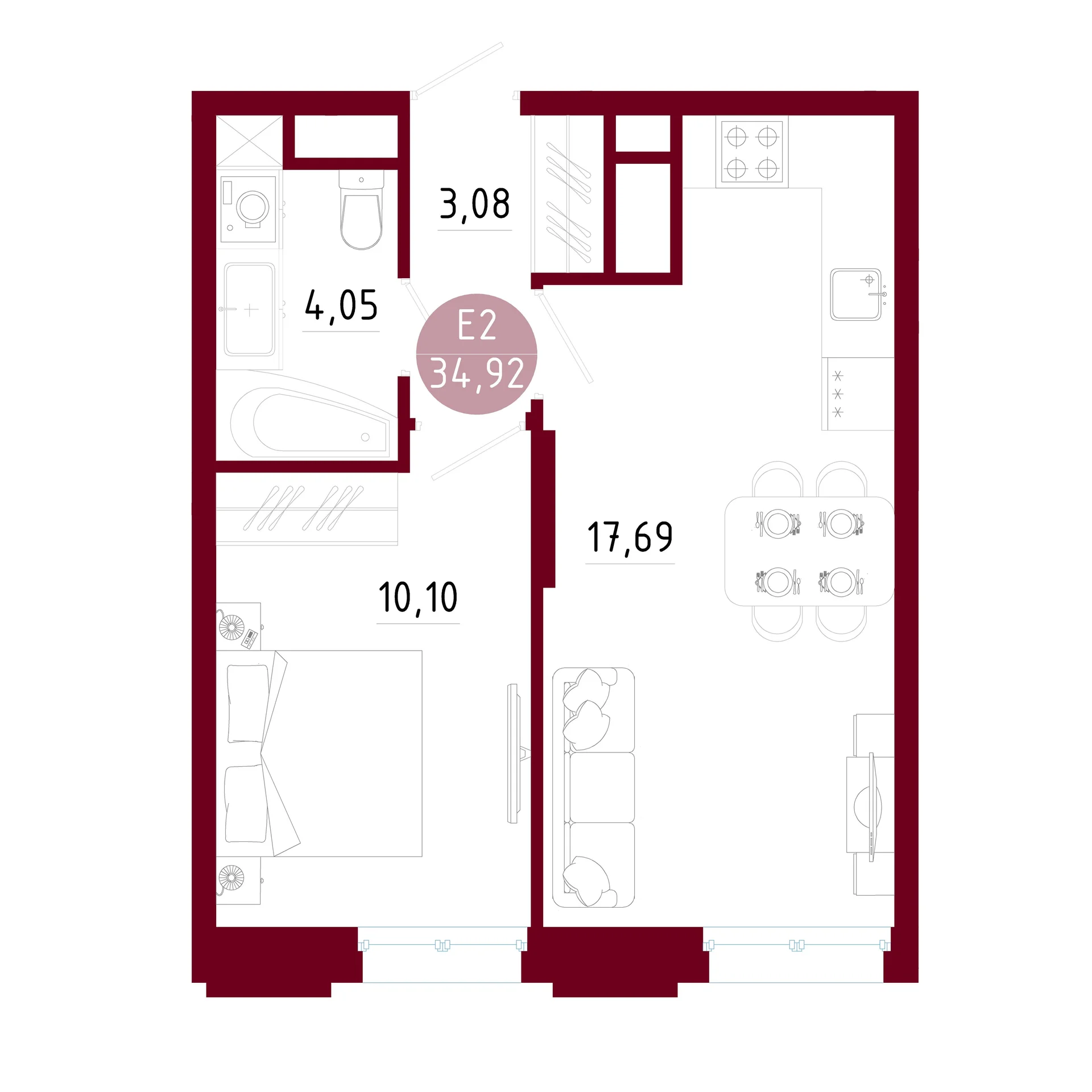 Планировка Квартира с одной спальней и гостиной 18 м² (Евро-2)