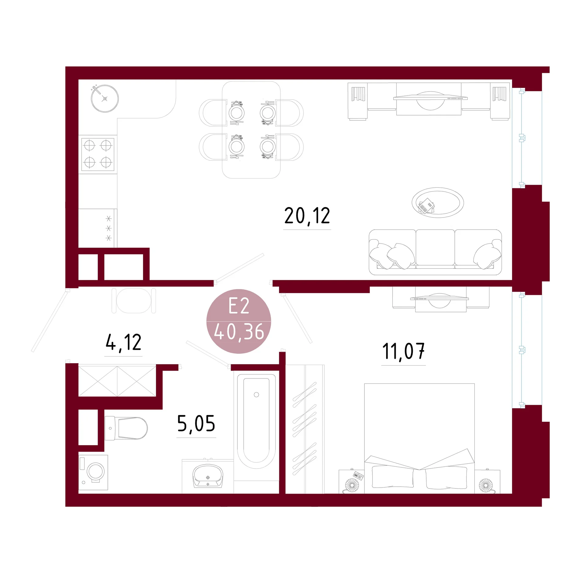 Планировка Квартира с одной спальней и гостиной 20 м² (Евро-2)