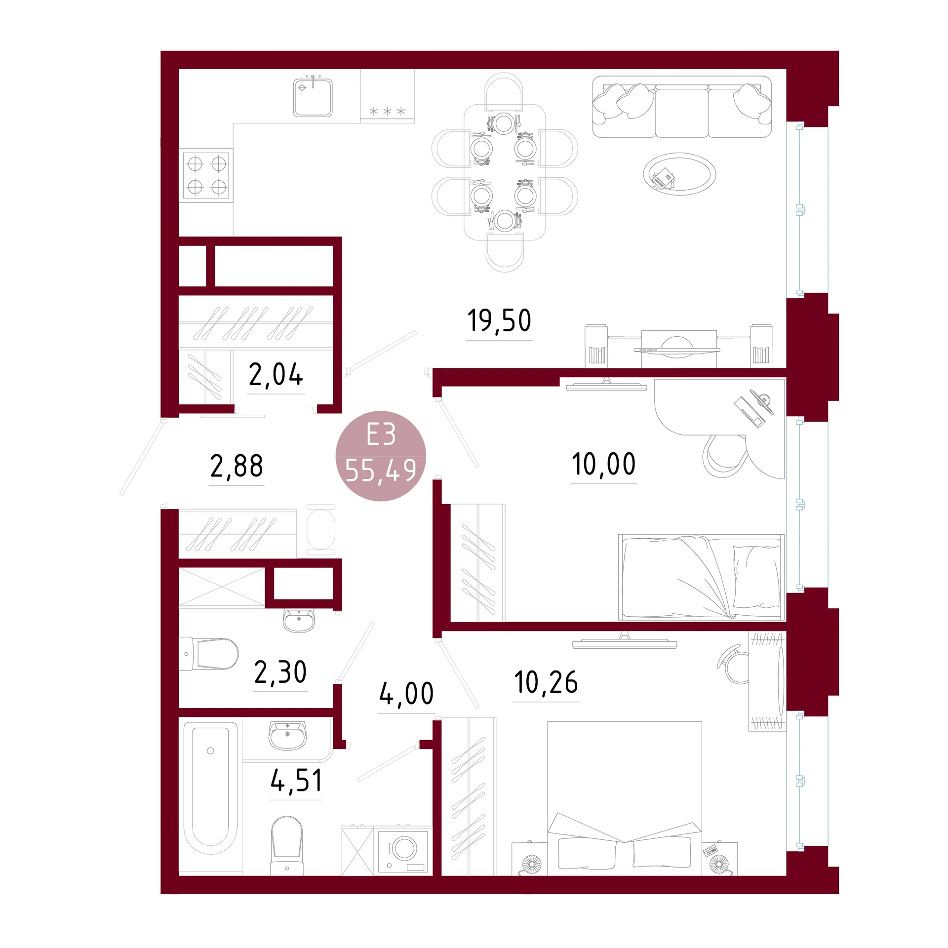 Планировка Квартира с двумя спальнями и гостиной 20 м² (Евро-3)