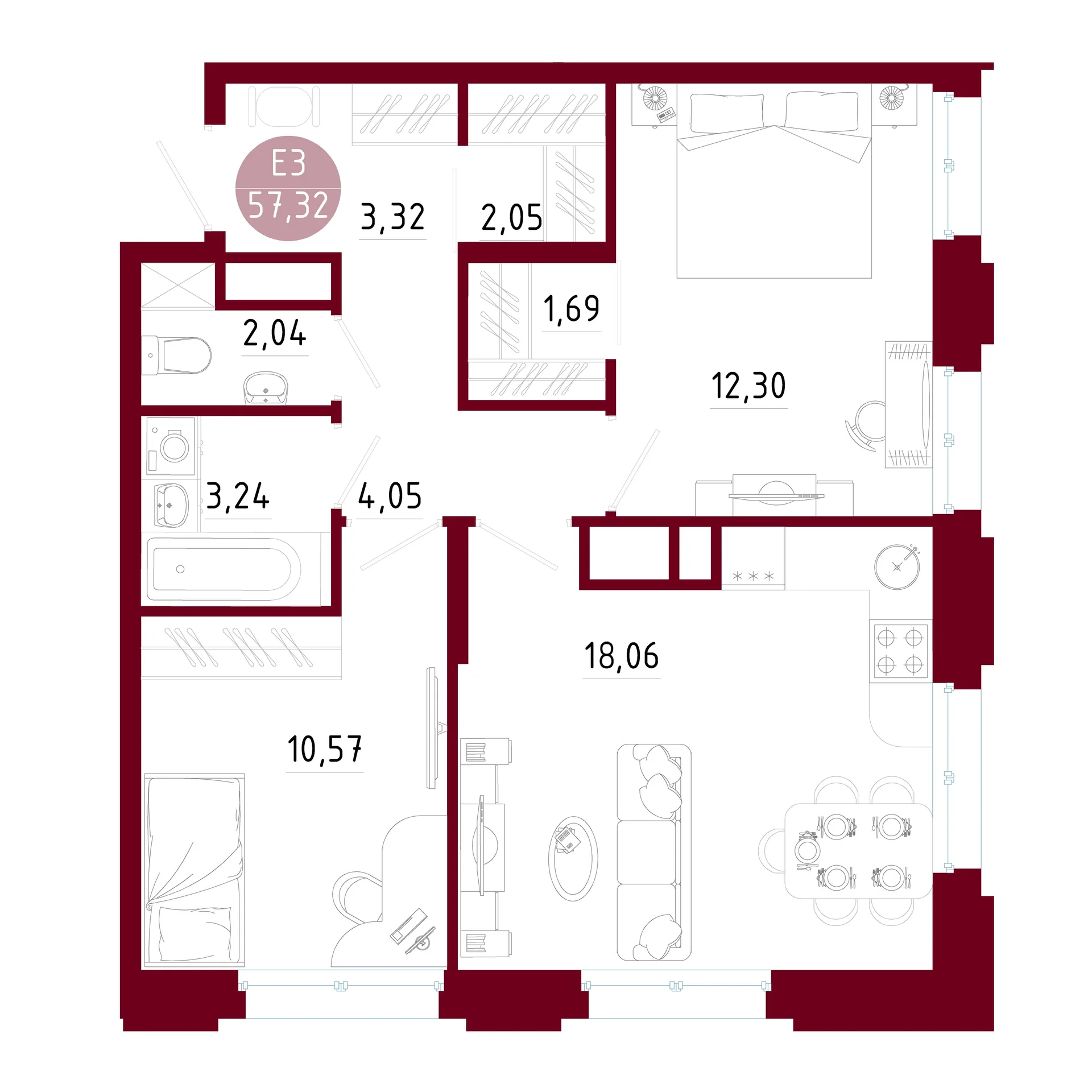 Планировка Квартира с двумя спальнями и гостиной 18 м² (Евро-3)