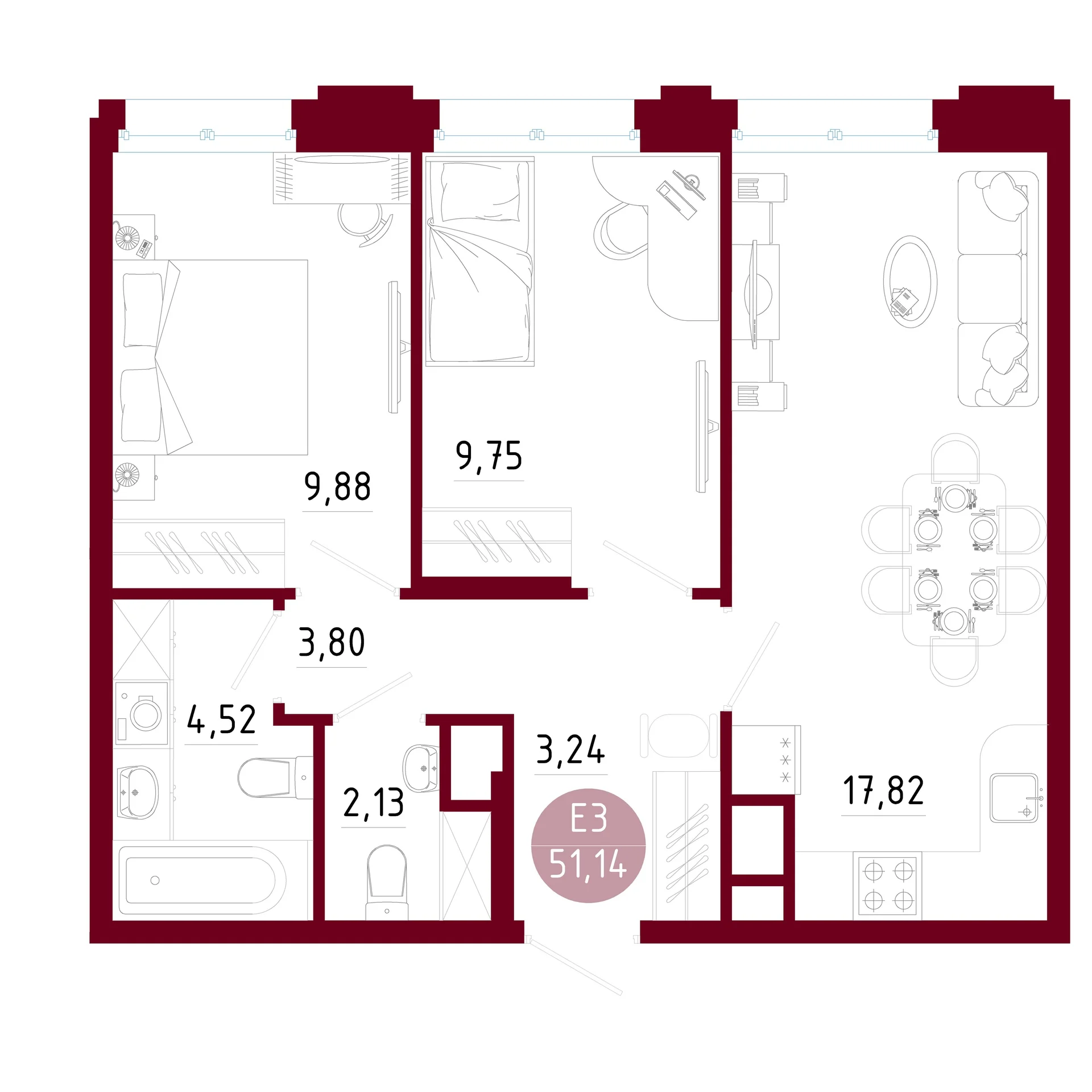 Планировка Квартира с двумя спальнями и гостиной 18 м² (Евро-3)