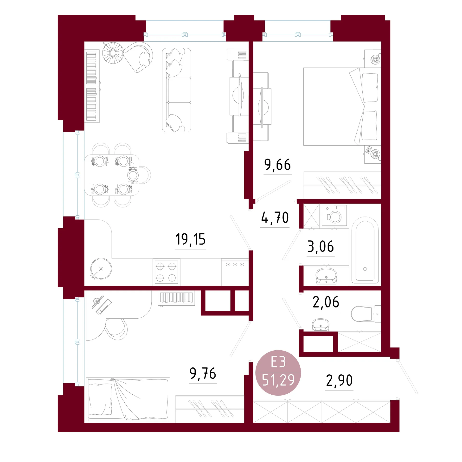 Планировка Квартира с двумя спальнями и гостиной 19 м² (Евро-3)