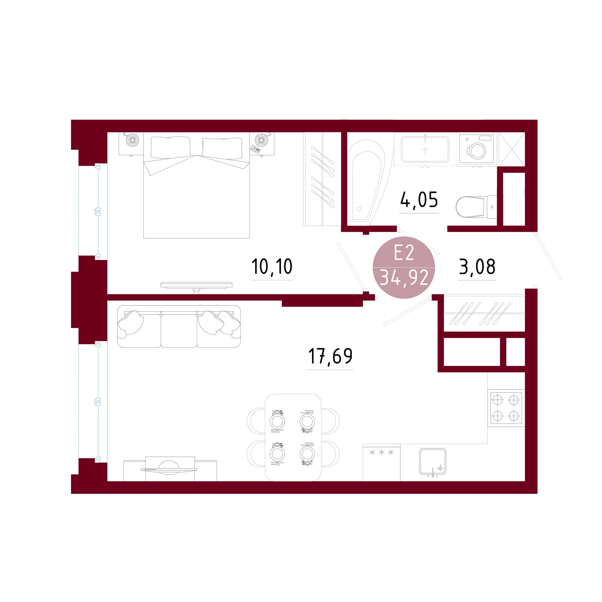 Планировка Квартира с одной спальней и гостиной 18 м² (Евро-2)