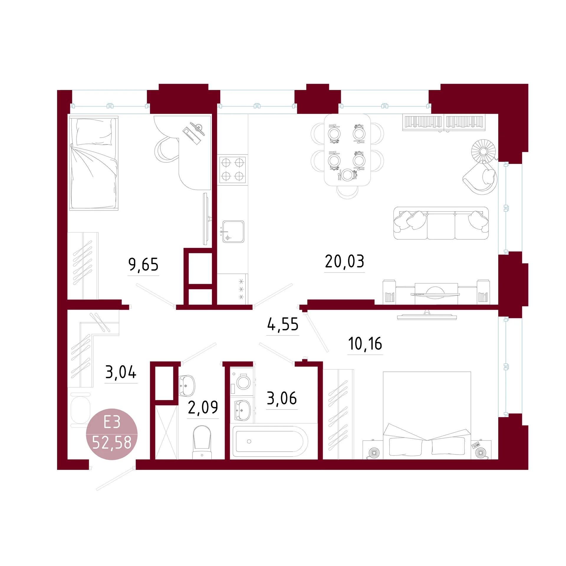 Планировка Квартира с двумя спальнями и гостиной 20 м² (Евро-3)